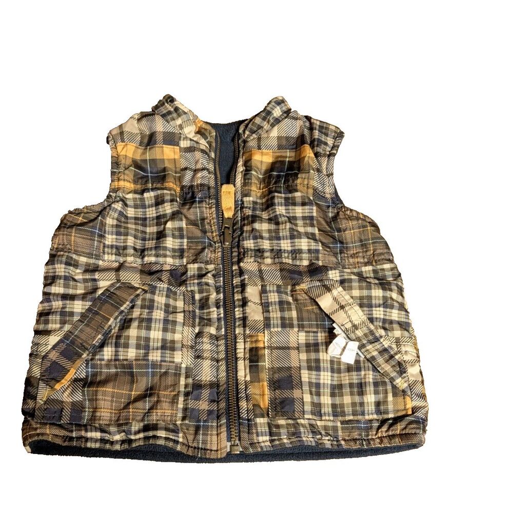 Toughskins Boys 12M Plaid Puffer Vest Zip Fleece Lined 4 Pockets Multicolor
